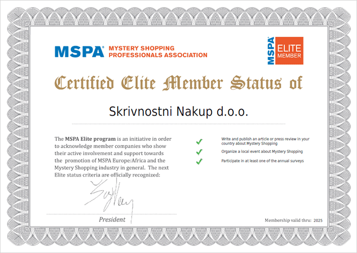 Certificate MSPA Elite 2025 - Skrivnostni nakup